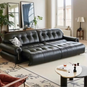 pre order French Retro Dark Brown Cloud-Like Top-Grain Leather Electric Reclining Sofa Bed (Wall-Hugging)