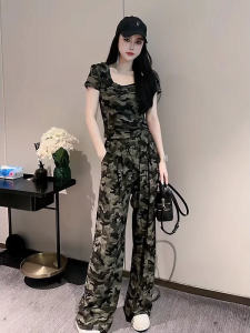 Casual Camouflage Suit Womens Summer 2025 Slimming T-Shirt High Waist Long Pants Two-Piece Set Cotton round Neck Short Sleeve