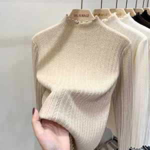 Pure Color Knit Sweater Womens Semi-High Collar Long Sleeve Slim Fit Pullover for Spring Fall Winter Heattech Fever