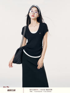 Liilou Comfortable Lazy Knitted Short Sleeve T-Shirt Fake Two-Piece Color Block Pleated Waist Casual Summer Top for Women