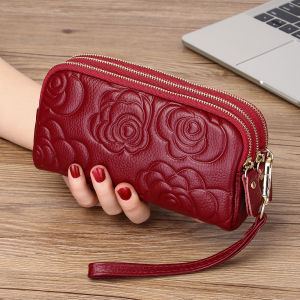 Genuine Leather Large Capacity Long Wallet for Women 2025 New Style Handheld Bag Key Coin Purse Cowhide Floral Pattern