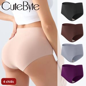 Bộ 4 Quần Lót Nữ Size Lớn Chất Liệu Lụa Đá Không Đường May Cạp Cao Thoáng Khí Màu Trơn Đồ Lót Nữ Dệt Kim