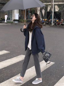 เสื้อแจ็คเก็ตสเวตเตอร์มีฮู้ดแบบหลวมๆ สำหรับผู้หญิง ทรงหลวมๆ หนาๆ สำหรับฤดูใบไม้ร่วงและฤดูหนาว สีน้ำเงินเข้ม แขนยาว ปกติ