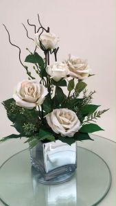 ดอกกุหลาบสีงาช้างพร้อมแจกันแก้ว - สีเงิน, ดอกไม้ปลอมตกแต่งบ้าน