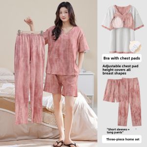 miiow | Pure Cotton Womens Sleepwear Set With Chest Pad Short Sleeve Long Pants Three Piece Outfit Home Clothes Breathable Comfortable
