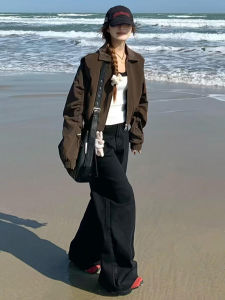 High Waist Wide Leg Jeans Womens Extended Length Slim Fit Straight Cut Black Double Buckle Spring Autumn Seasonal Trousers