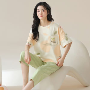 Plandoo Womens Summer Sleepwear Cotton Short Sleeve Seven-Piece Pants Casual Home Clothes Set Sweet Style Floral Print