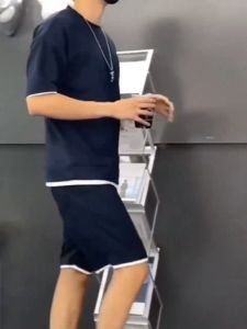 Mens Shorts T-shirt Set 2pcs Waffle shorts and t-shirt men suit mens summer ice silk short sleeve t-short Summer Solid striped trendy and comfortable home set