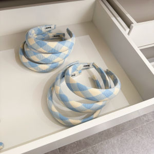 Trendy Plaid Blue Headband Wide Edge Quirky Hair Accessory Fashionable Hairpin for High Hairline Unknown Brand Inexpensive