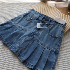 Váy Ngắn Xếp Ly Denim Cạp Cao Cho Nữ Mùa Hè 2025 Váy Ngắn Xếp Ly Cotton Mỏng Thời Trang Thường Ngày Váy Chữ a Chống Ánh Nắng