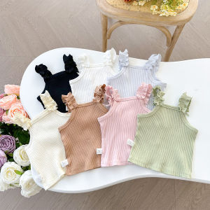 Summer Thin Sleeveless Knitted Vest for Baby Girls with Wood Grain Ruffle Strap Cute Infant Top for 3-18 Months Old Babies