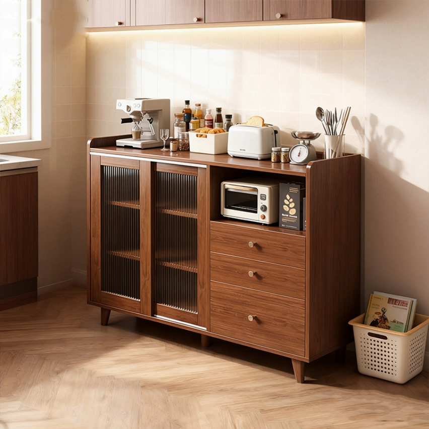 【Winkelo】ตู้เก็บของในครัวสีวอลนัทเข้ม ตู้เก็บของอเนกประสงค์พร้อมลิ้นชักหลายอัน ตู้จัดเก็บห้องนั่งเล่น