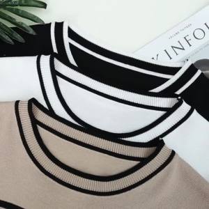 412LUCKIN STORE Áo thun ngắn tay nữ áo thun thêu hoa sọc áo len lụa băng mùa hè mới