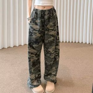 American Style Heavyweight Curved Blade Camouflage Sweatpants Womens Casual Loose Straight Leg Couple Sports Pants