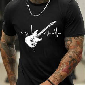 Mens Cotton Music Heartbeat Graphic T-Shirt Breathable Micro-Stretch Rock Band Design with Guitar Sound Waves Men Clothing