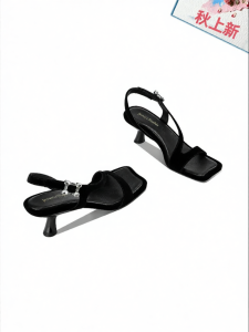 JESSICA SOPHIA | Versatile Open-back Crystal Buckle Square Toe Low Heel Sandals