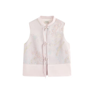 เสื้อกั๊กไหมสีชมพู ดีไซน์ปักลายดอกไม้ ผ้าอะซิเตท คอลเลกชั่นฤดูใบไม้ร่วง 2025 สำหรับผู้หญิง ดีไซน์เก๋ไก๋ คอกลม ปกติ