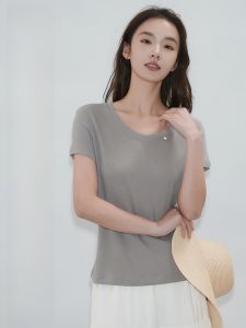 miiow | Grey Simple Summer Round Neck T-Shirt Women Loose Versatile Solid Color Thin Shoulder Top Cotton Polyester Blend Short Sleeve