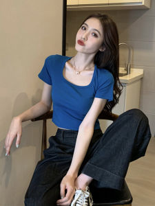 French Style Square Collar Bone Blue Slim Fit T-Shirt Womens Summer Design Short Sleeve High Waist Top Korean Version Commute Style