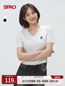 Woodie Series SPAO25 Summer Womens Bear V-neck Short Sleeve Knitted Sweater Commute Style Regular Thickness Single Piece