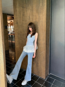 NIHAOKANONG | Quần Jeans Nữ Phong Cách Retro Cao Bụng Xòe Dưới Ôm Body