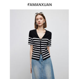 Casual Woolen Knitted Stripe Shirt Womens Summer New Style Thin Short Sleeve Open Cardigan Comfortable Fit Commuting Style