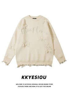 Kkyesiou Áo Dệt Kim Phong Cách Học Đường Thêu Rách Cổ Điển Kiểu Mỹ Áo Len Rộng Rãi Cặp Đôi Vintage Nam Nữ
