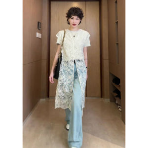 Casual Womens Mid-Length Lace Shirt Spring Autumn New Style Fashionable Open Split Dress Layering Loose Fit French Style round Neck Sleeveless