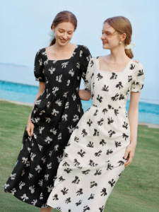XIANGYING | Flounced Sleeves A-Line French Holiday Slimming Print Womens Dress