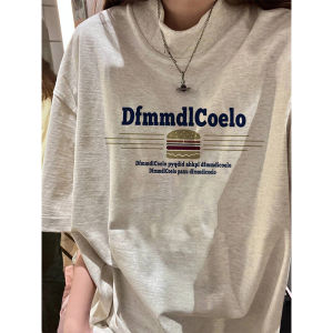 Retro American Light Grey Pure Cotton Short Sleeve Womens T-shirt Spring Summer New Oversize Half Sleeve Top High Waist Loose Fit