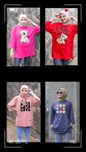 Kaos Gambar Lucu Oversize Lengan Panjang 7/8 Belah Pinggir Atasan Wanita Dewasa Muslimah Jumbo Hijab