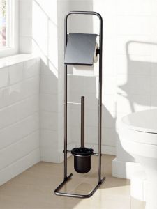 Bathroom Toilet Brush Holder Stand with Tissue Paper Rack Free-Drilled Metal round Shape Sanitary Household Cleaning Tool