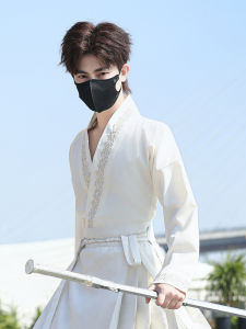 Improved Mens Hanfu Set with Embroidered Collar And Horse Tailed Skirt New Chinese Style Base Shirt Spring Fashion Ethnic Elements