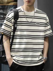 ROMON | Romon Ice Silk Loose Short Sleeve T-Shirt Mens Summer Thin Casual Round Neck Half Sleeve Top Fashionable Striped Basic Urban Style