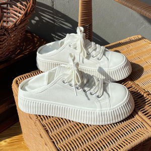 Womens Versatile Thick Bottom High Toppling Canvas Shoes Two-Way Wear Big Head Semi-Slipper Lazy Cookie Shoes Cross-Band Slip-On Round-Toe Rubber-Soled