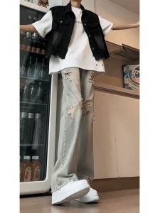 กางเกงยีนส์ทรงหลวมขาตรงสไตล์อเมริกันย้อนยุคสำหรับผู้ชาย กางเกงขายาวทรงหลวมขาตรงทรงหลวมฤดูร้อนใหม่