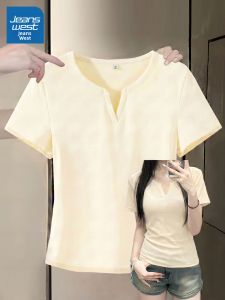 Jeanswest | Short Slim Fit V-Neck Placket T-shirt for Women