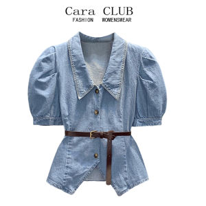 Plus Size Bubble Sleeve Casual Shirt for Women Loose Fit High Waist Slimming Design V-Neck Polo Top Denim Upgrade