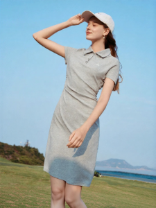 XIANGYING | Gray Polo Collar Dress Slimming Resort Style Short Sleeve
