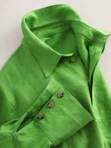 Retro Green Cotton Linen Shirt Womens Autumn Summer New Elegant Design Thin Top Shirt Korean Style Loose Fit Long Sleeve