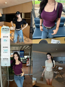 False Two Pieces Square Neck Mid Sleeve Waist-Tightening T Shirt