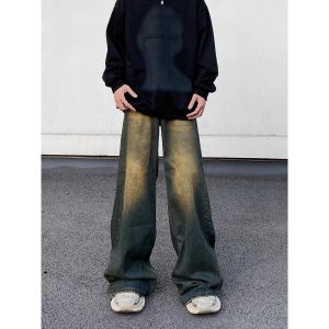 American Style Vintage Washed Loose Straight Leg Mens Jeans Casual Wear Youth Popular Long Pants High Waist Zipper Fly