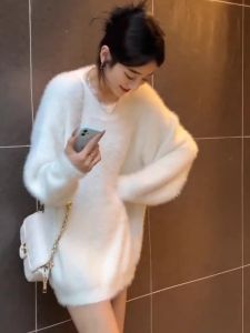 Mink Sweater Womens Fall and Winter New Arrival Lazy Soft Glutinous Loose Thick Mid-Length round Neck Pullover Knitwear Tops