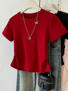 Wine Red Pure Color Unique Stylish Slimming and Short Cotton T-Shirt Womens Summer Small Short Sleeve Top T-shirt