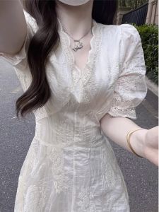 Elegant Summer Fashion French Style High-end White V-Neck Dress