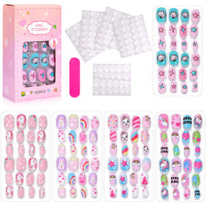 120Pcs Cartoon Children Fake Nails Kawaii Straberry Flower Press on Nail Short Square False Nail Tip for Girl Kid Christmas Gift