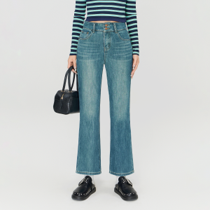 High Waist Flared Jeans Womens Denim Pants Autumn Season plus Size Pear Shape Body Slimming Retro Style Zipper Closure Blue