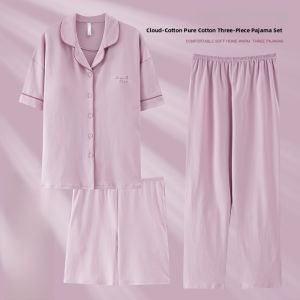 MiiOW | Catwoman Summer Sleepwear Womens Pure Cotton Thin Short Sleeve Open Cardigan Three-piece Set Casual Loose Ladies Home Clothes