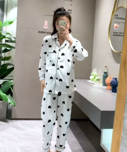 Womens Pajama Cute Heart Print Long Sleeve Sleepwear Set Loose Fit Lightweight Homewear Soft
