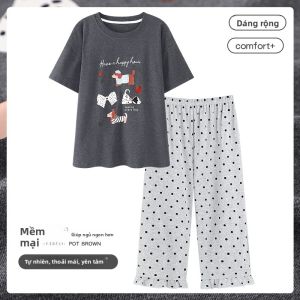 Áo ngủ nữ MiiOW vải cotton họa tiết hoạt hình rộng rãi ngắn tay